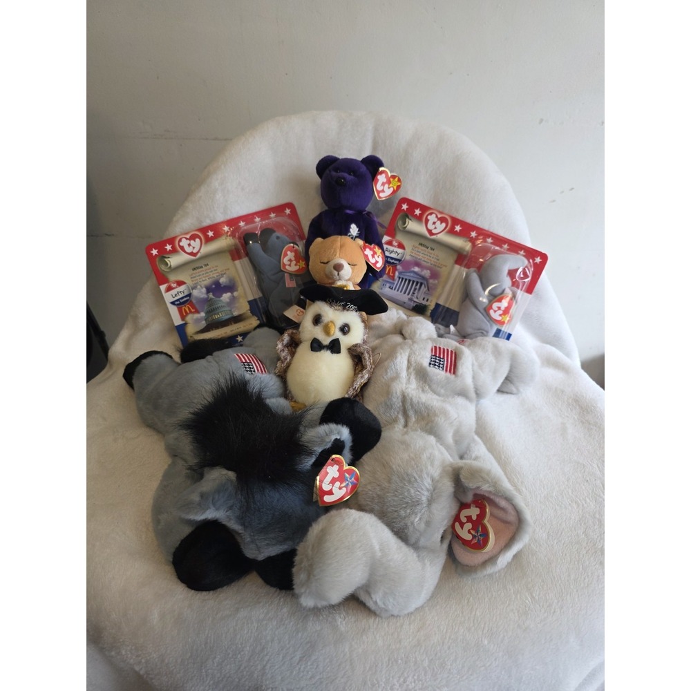 Beanie Babies Lot Of 7-Lefty & Righty, Hope, Graduation Owl, Princess Diana Bear